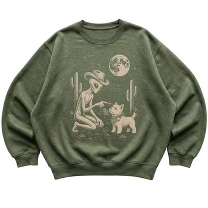 Military Green crewneck sweatshirt featuring Westie Cowboy and Alien, laid-flat presentation