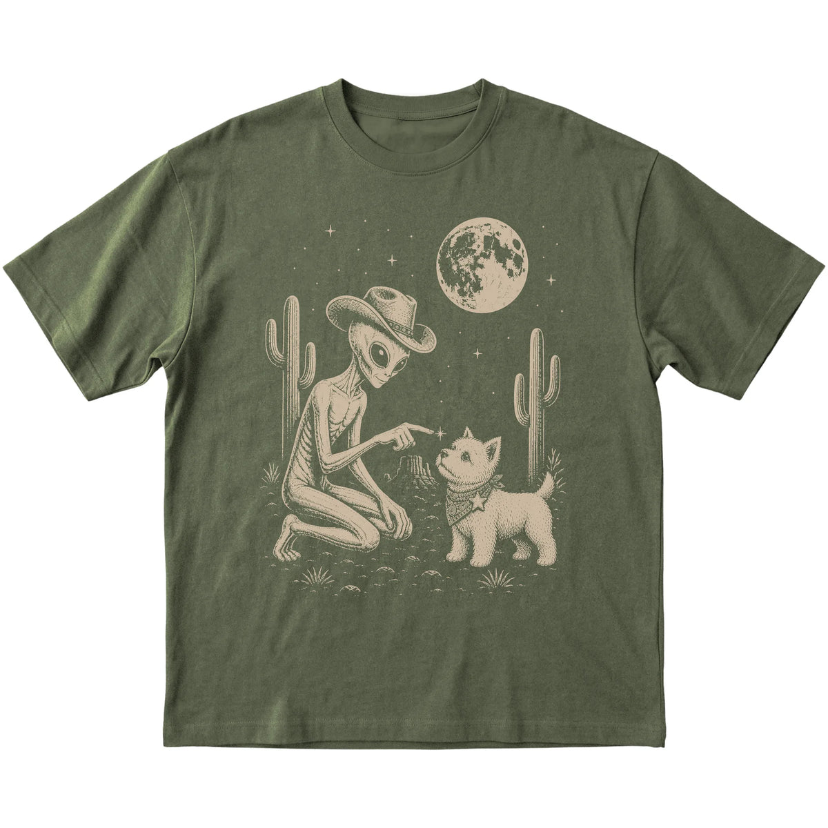Military Green T-shirt featuring Westie Cowboy and Alien, laid-flat presentation