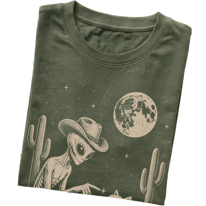 Military Green T-shirt featuring Westie Cowboy and Alien, folded presentation