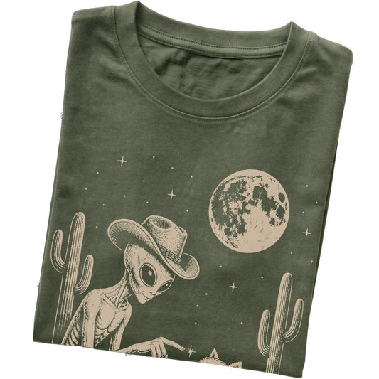 Military Green T-shirt featuring Westie Cowboy and Alien, folded presentation