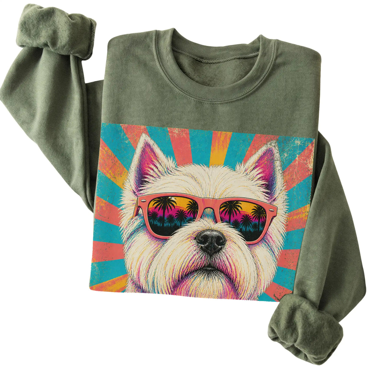 Folded Military Green crewneck sweatshirt with a Retro Westie Mama design