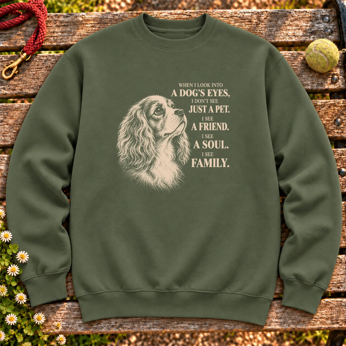 Military Green Gildan® crewneck sweatshirt featuring the Cavalier More Than a Pet design.