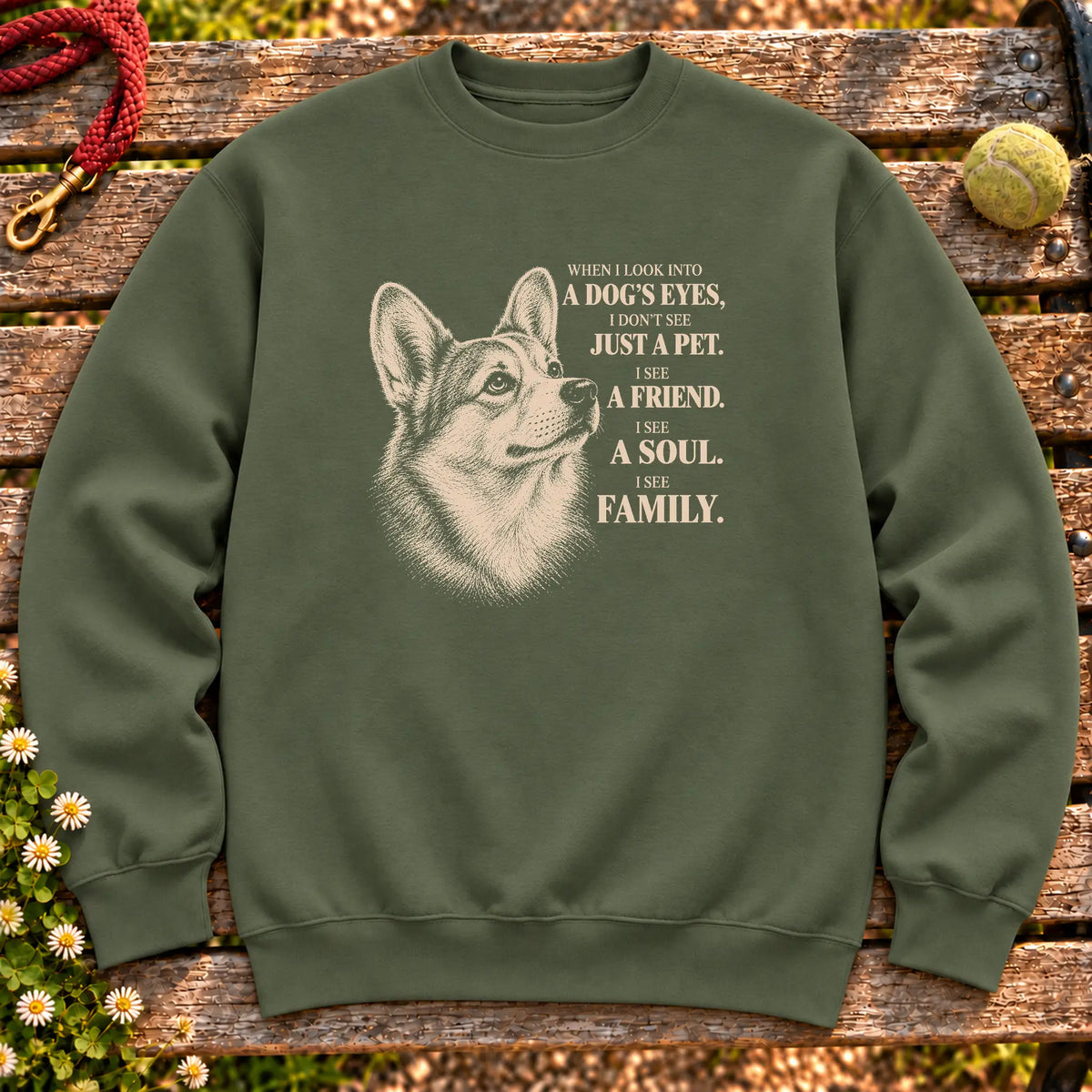 Military Green Gildan® crewneck sweatshirt featuring the Corgi More Than a Pet design.