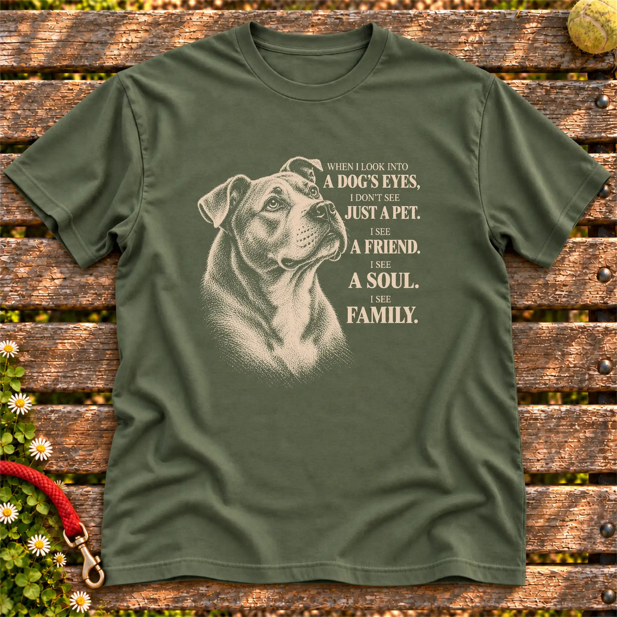 Military Green Gildan® Softstyle T-shirt featuring the Rescue Pitbull Mix More Than a Pet design.