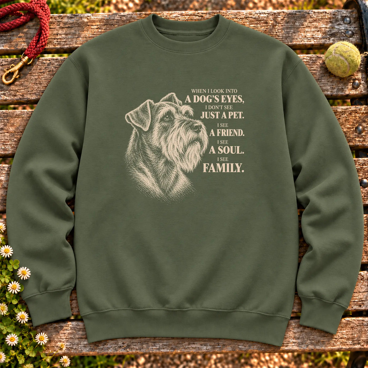 Military Green Gildan® crewneck sweatshirt featuring the Schnauzer More Than a Pet design.