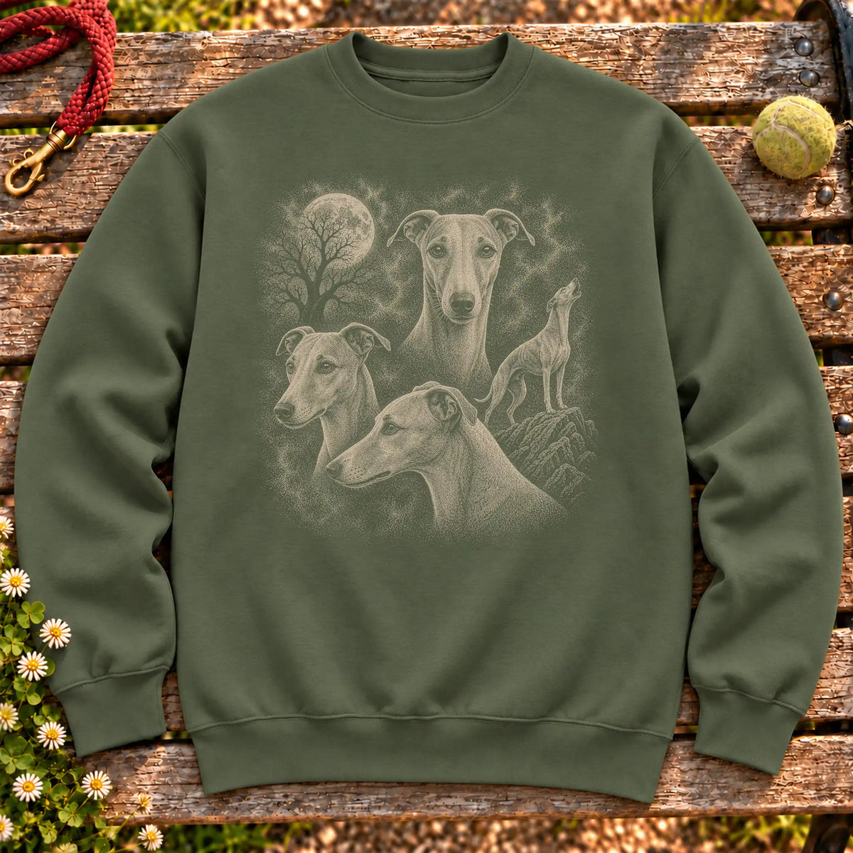 Whippet 90s Moon design on a Military Green crewneck sweatshirt shown flat