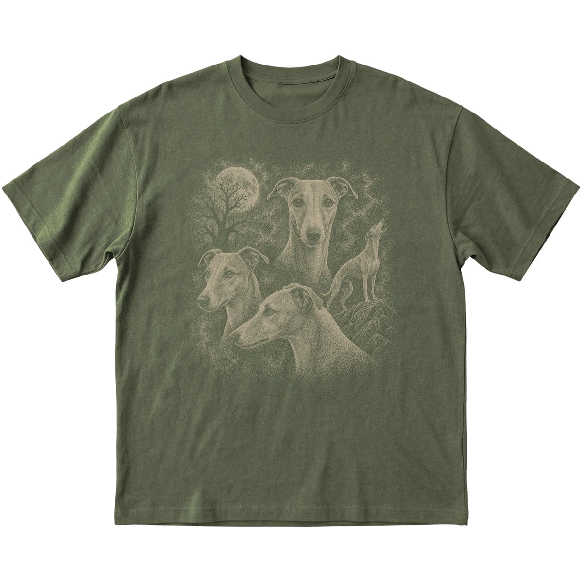 Whippet 90s Moon T-Shirt in Military Green — flat lay