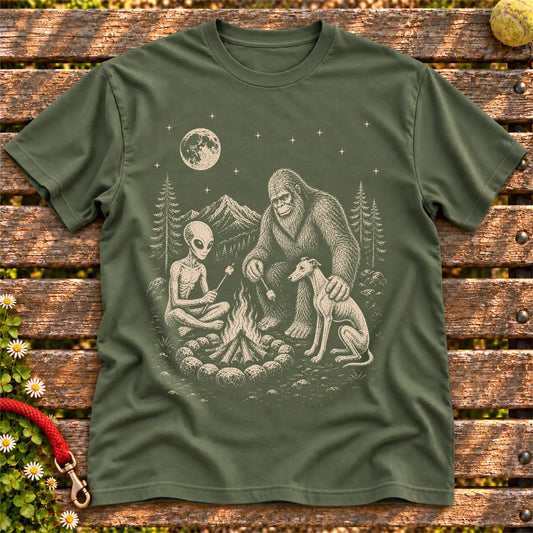 Whippet Camping with Bigfoot and Alien on a Military Green T-shirt, shown flat
