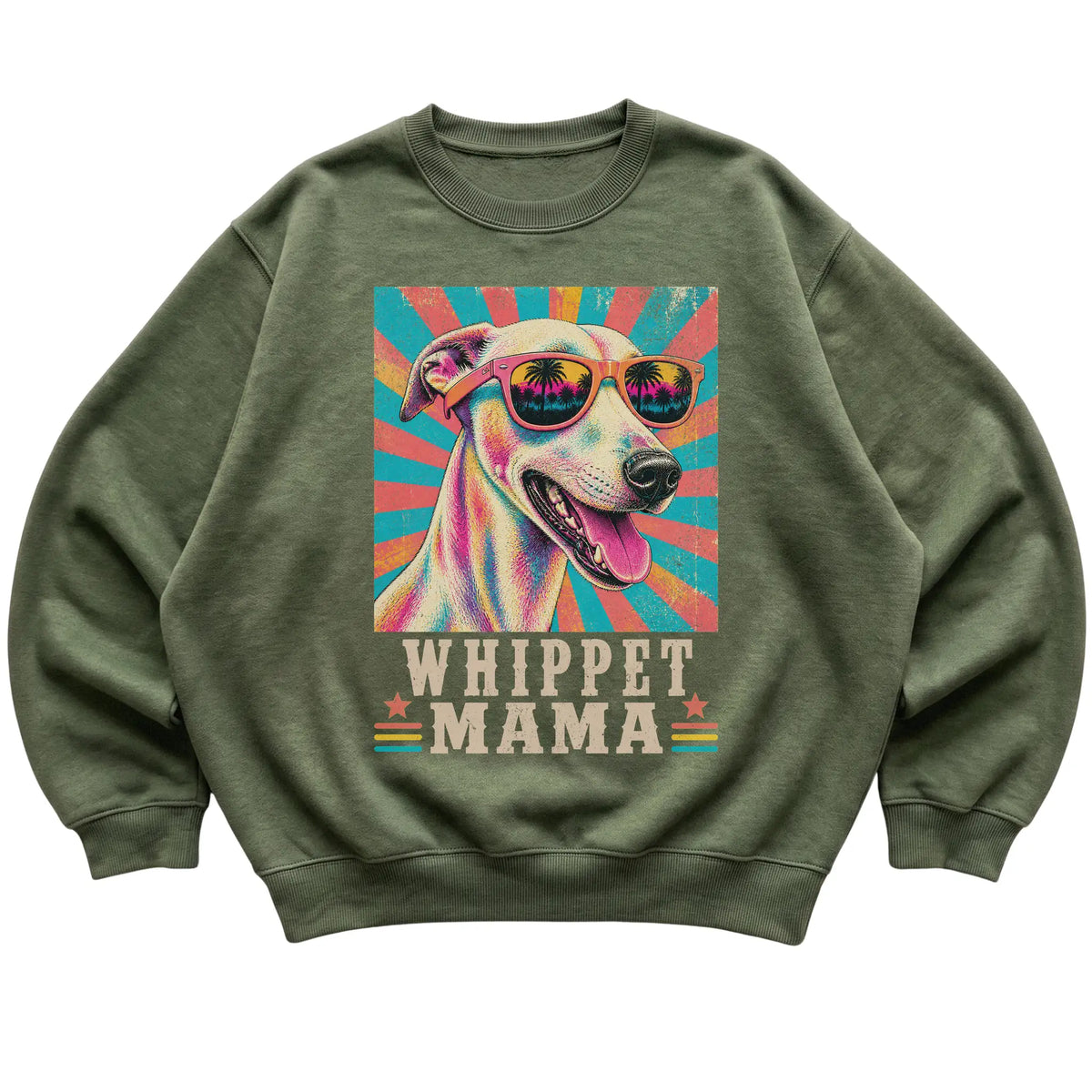 Retro Whippet Mama design on a Military Green crewneck sweatshirt