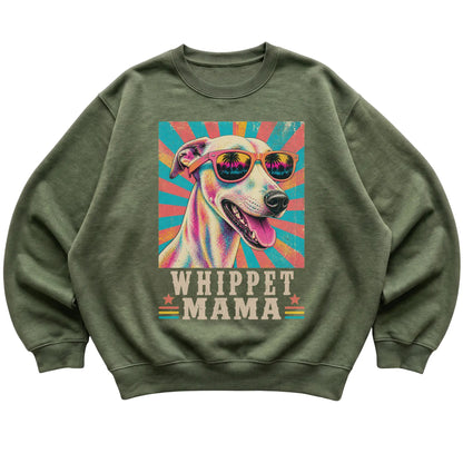 Retro Whippet Mama design on a Military Green crewneck sweatshirt