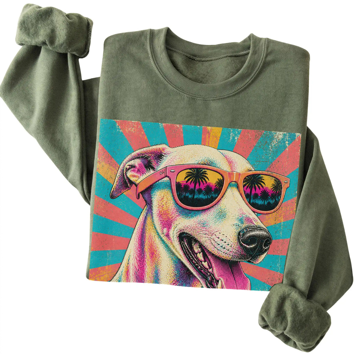 Folded Military Green crewneck sweatshirt with a Retro Whippet Mama design