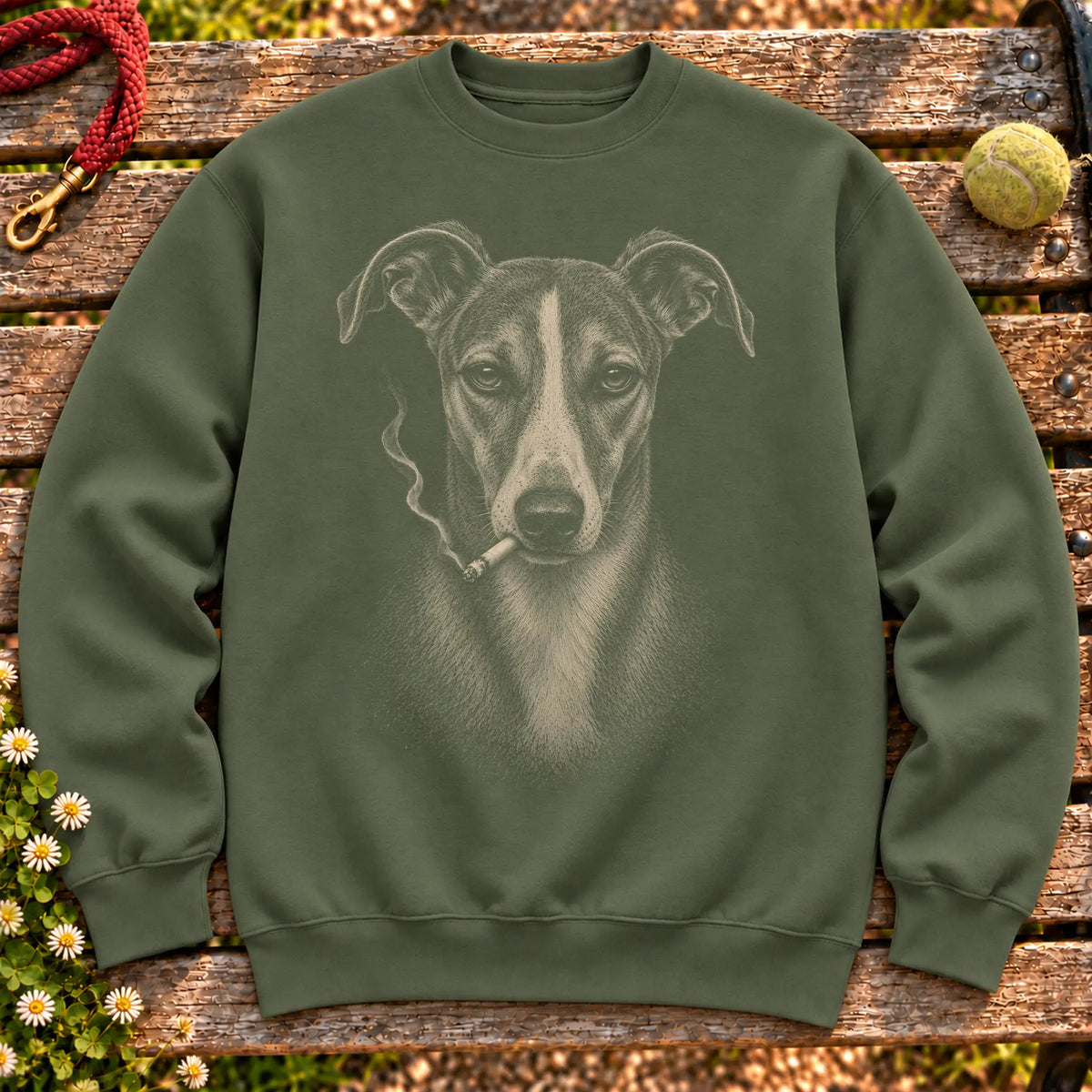 Whippet smoking design on a Military Green sweatshirt