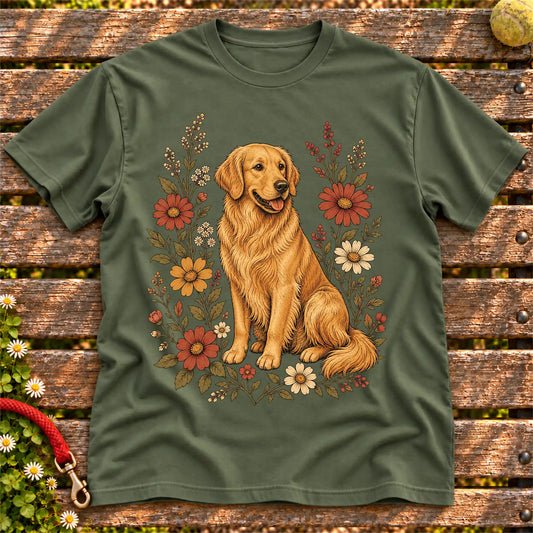 Golden Retriever Wildflower on a Military Green T-shirt, shown flat