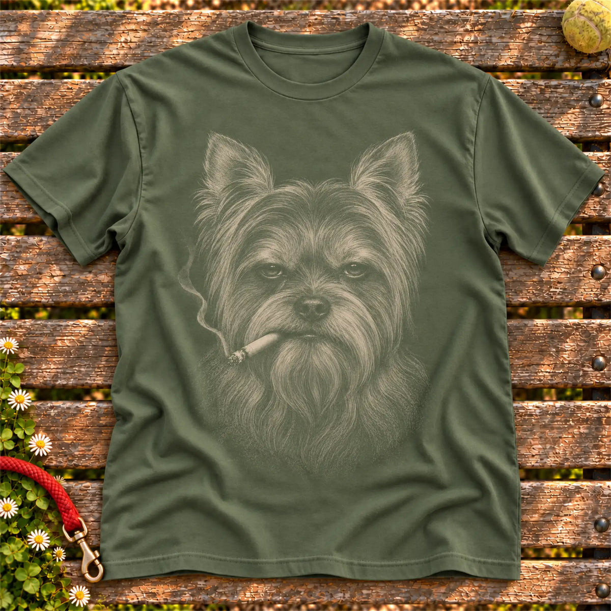 Yorkie smoking design on a Military Green t-shirt