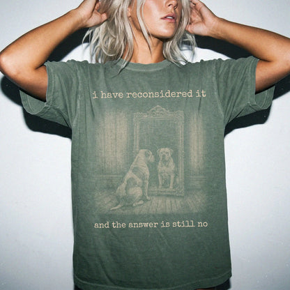 Model wearing a Moss Comfort Colors® T-shirt with “the answer is still no” american bulldog design