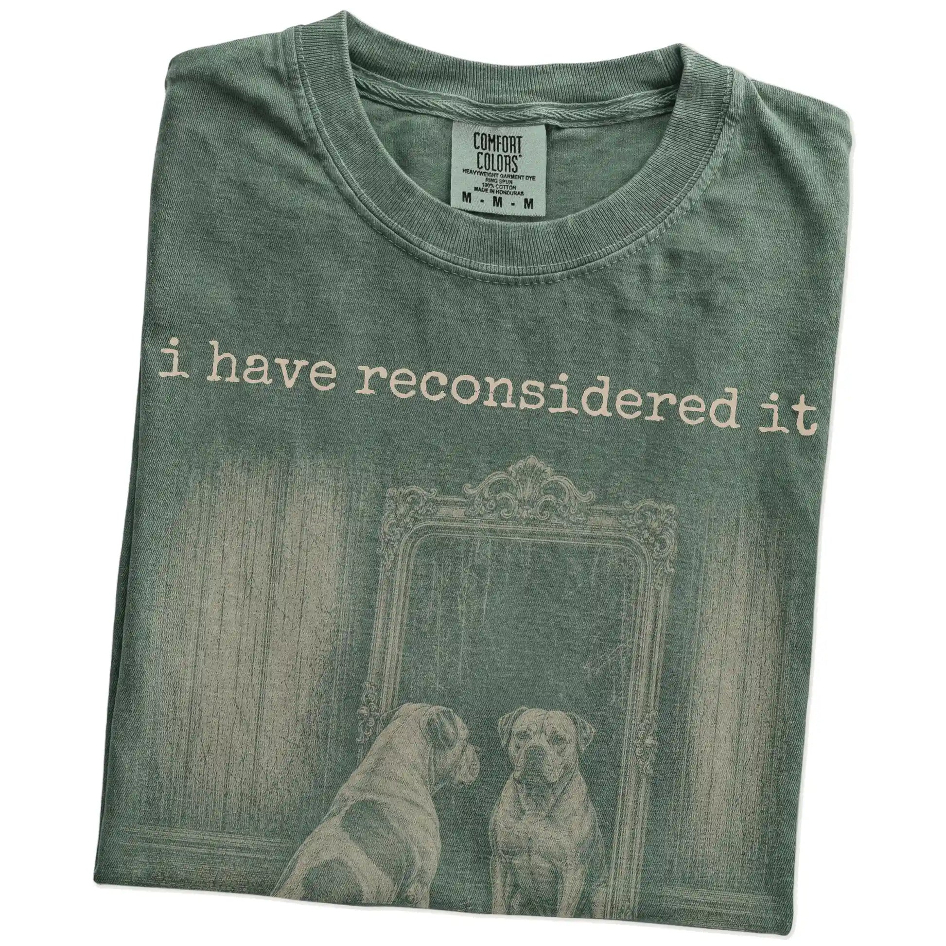 Folded Moss Comfort Colors® T-shirt showing “the answer is still no” american bulldog design