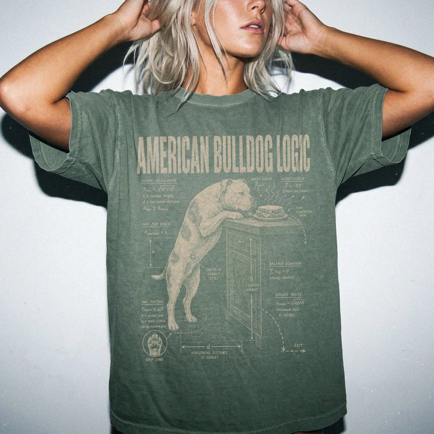 Person wearing a Moss American Bulldog Logic t-shirt