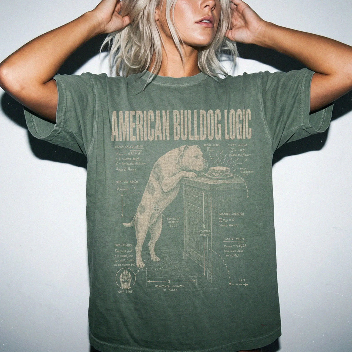 Person wearing a Moss American Bulldog Logic t-shirt