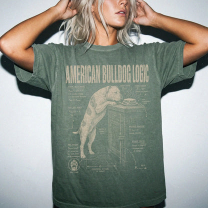 Person wearing a Moss American Bulldog Logic t-shirt