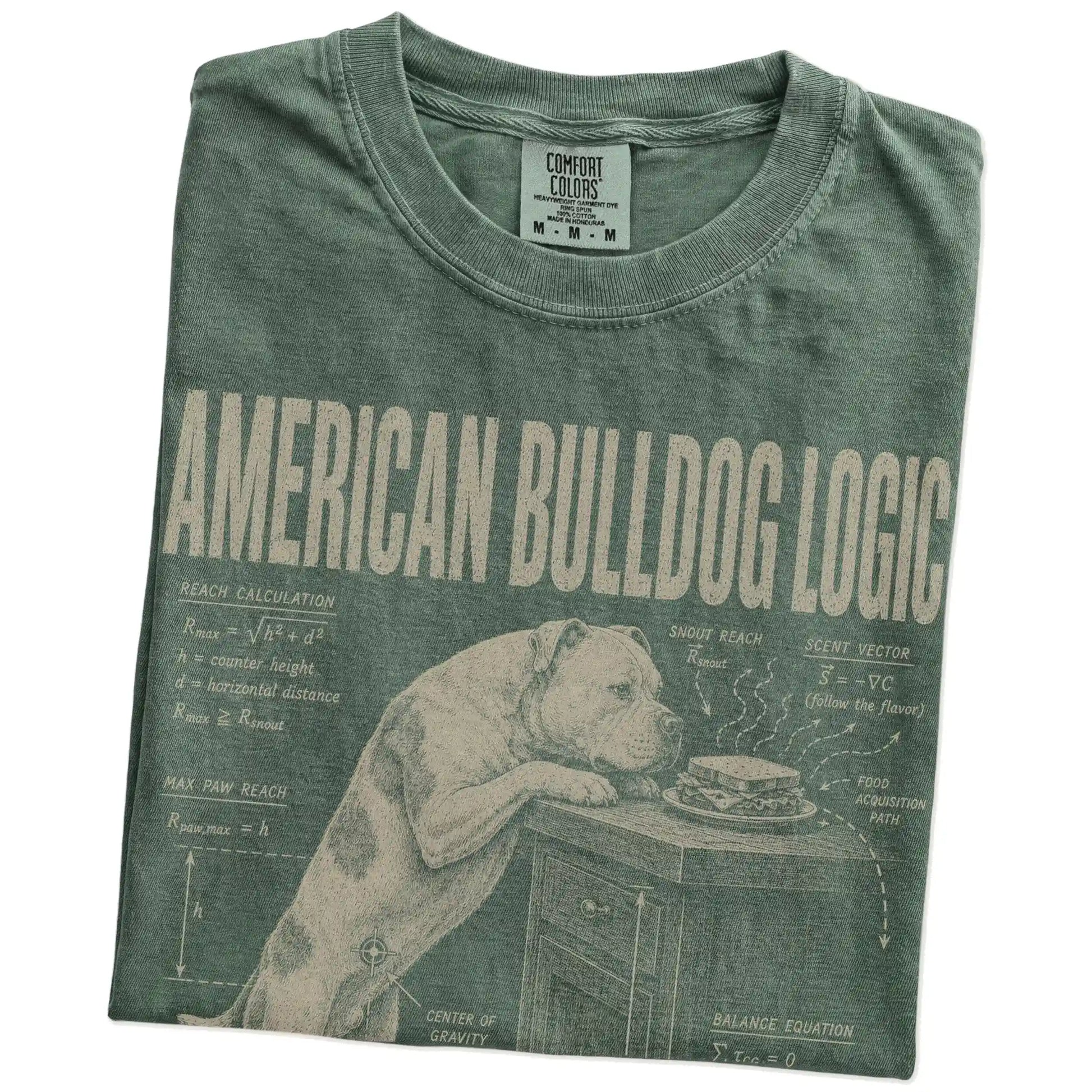Folded Moss American Bulldog Logic t-shirt showing the graphic