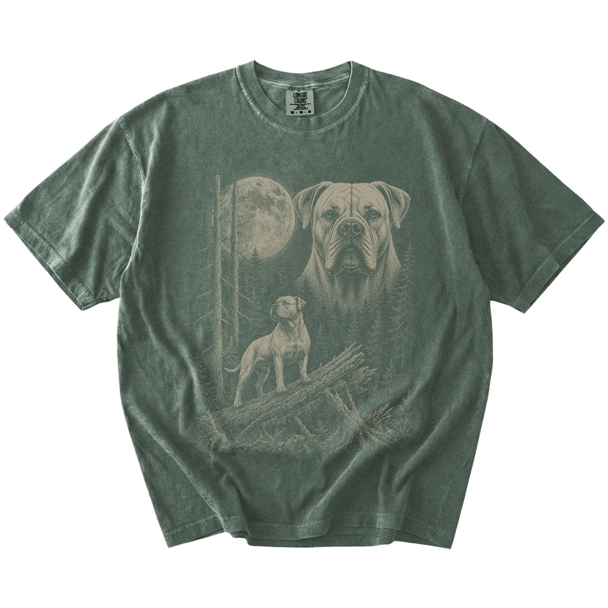 Moss American Bulldog Moonlit Forest T-Shirt laid flat