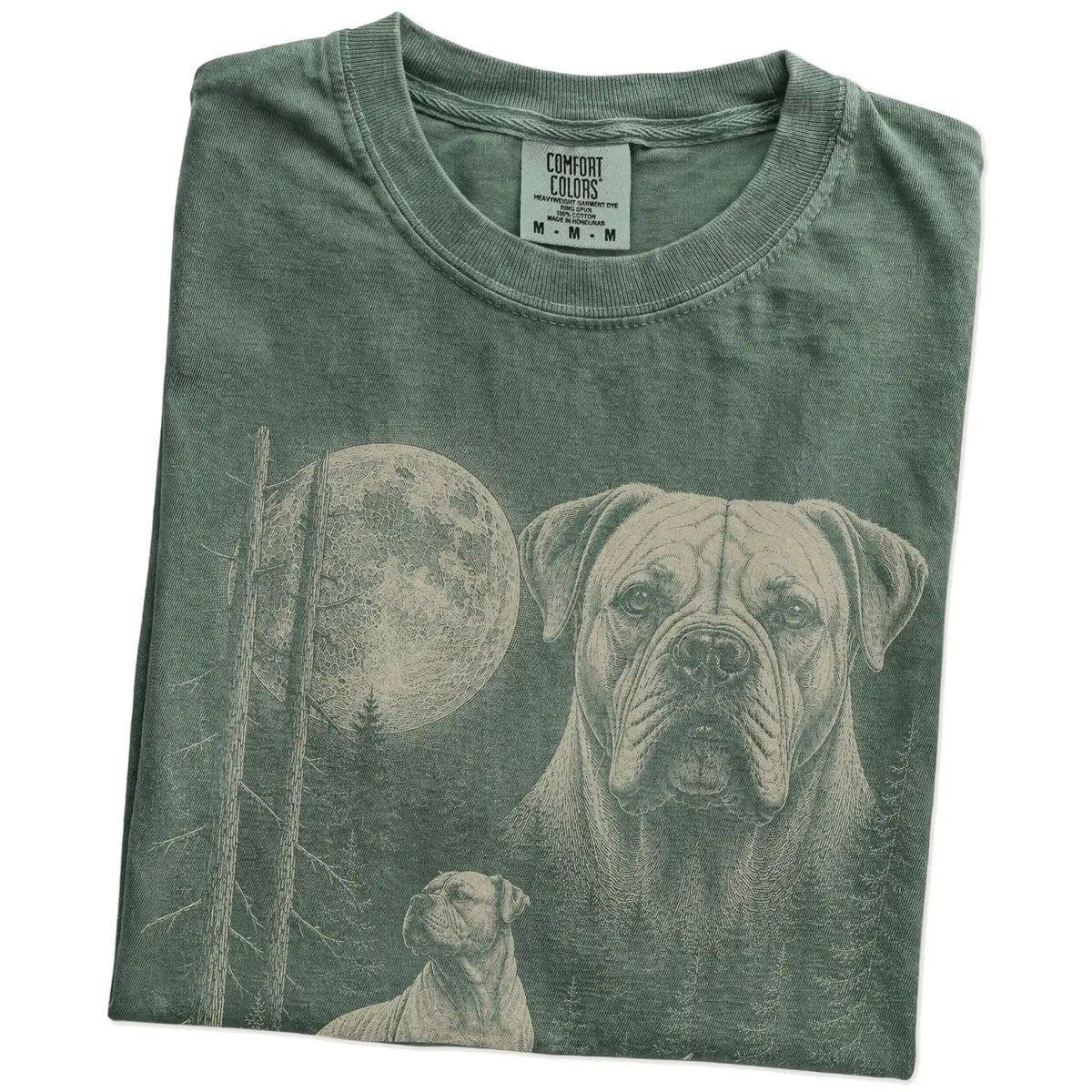Folded Moss American Bulldog Moonlit Forest T-Shirt showing the graphic