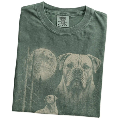 Folded Moss American Bulldog Moonlit Forest T-Shirt showing the graphic