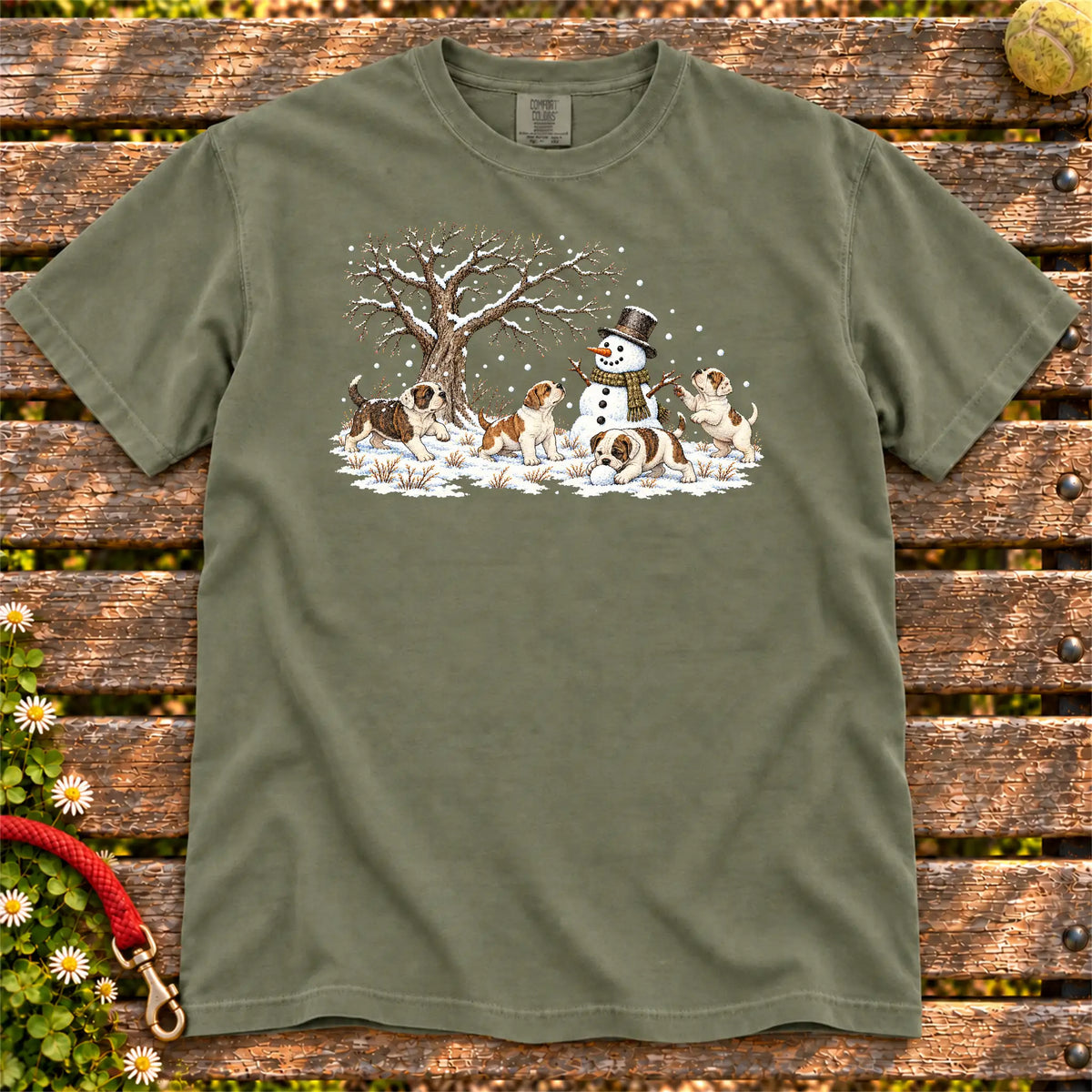 American Bulldog puppies playing in snow with a snowman on a Moss T-shirt