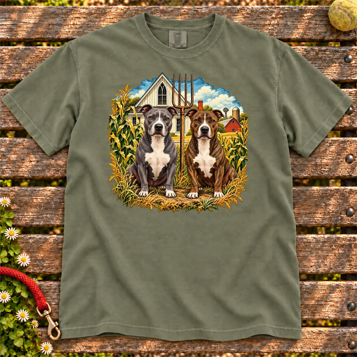 American Dogthic Pitbull farmhouse design on a Moss Comfort Colors® T-shirt