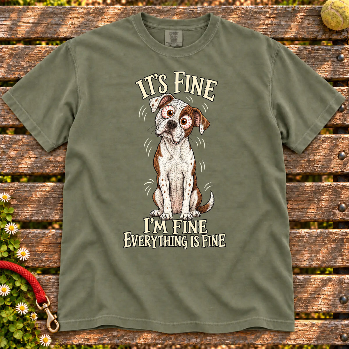 American Bulldog Everything Is Fine Comfort Colors T-shirt in Moss flat lay