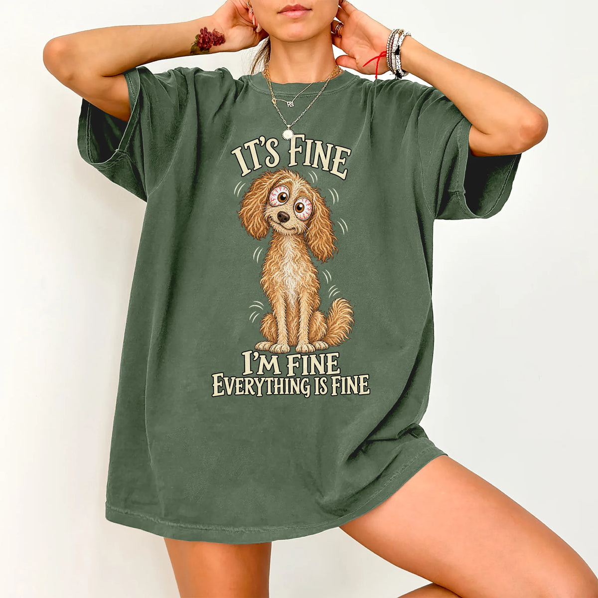 Goldendoodle Everything Is Fine Comfort Colors T-shirt in Moss lifestyle