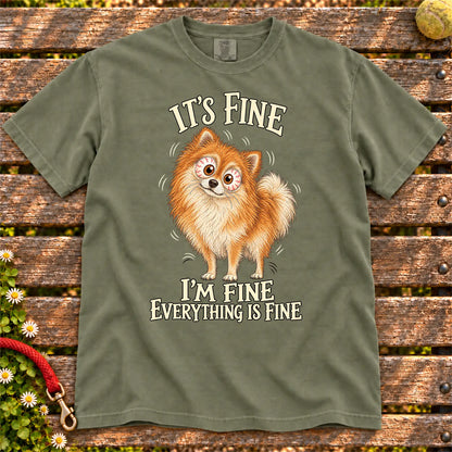 Pomeranian Everything Is Fine Comfort Colors T-shirt in Moss flat lay