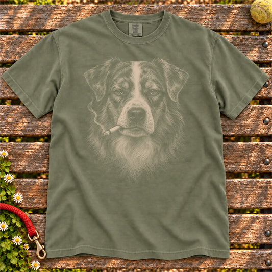 Australian Shepherd smoking design on a Moss t-shirt