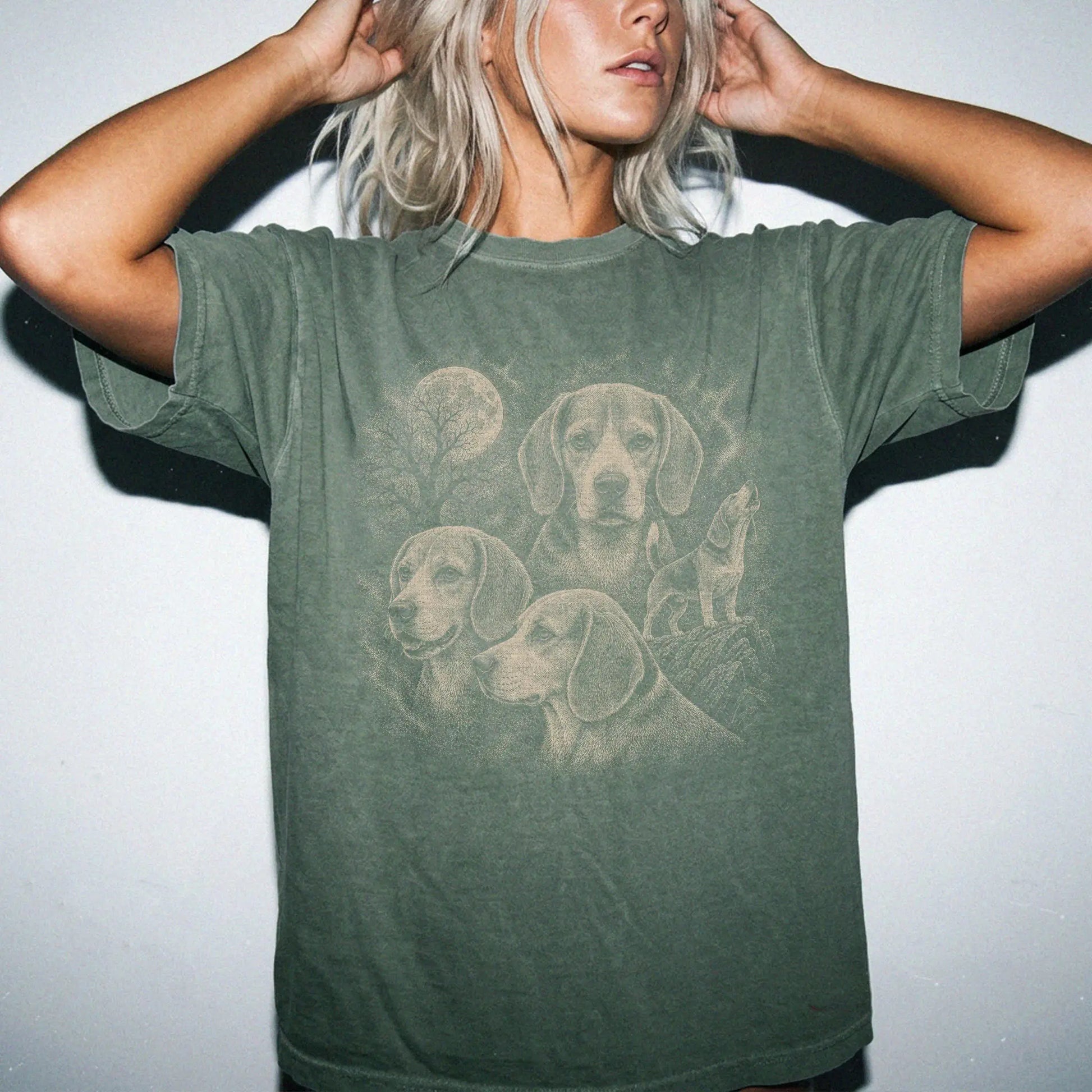 Model wearing a Moss Comfort Colors® T-shirt with a vintage moon montage featuring Beagle
