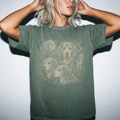 Model wearing a Moss Comfort Colors® T-shirt with a vintage moon montage featuring Beagle