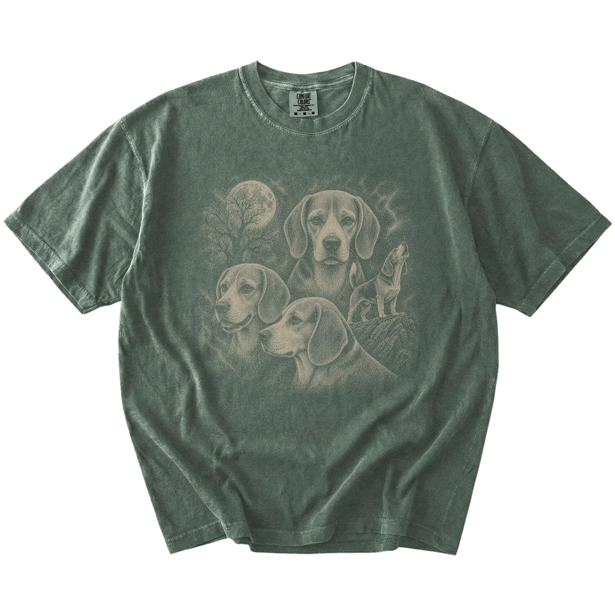 Vintage moon montage featuring Beagle on a Moss Comfort Colors® T-shirt