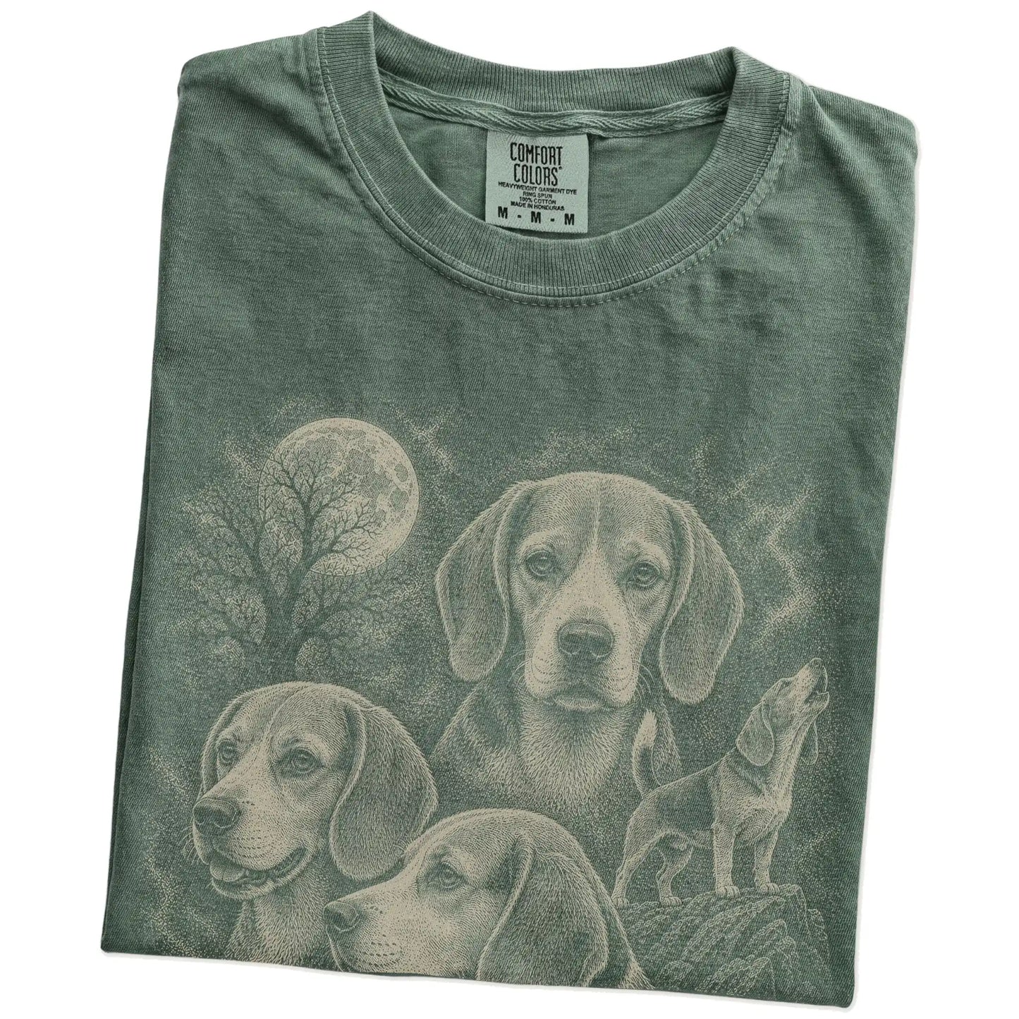 Folded Moss Comfort Colors® T-shirt showing a vintage moon montage featuring Beagle