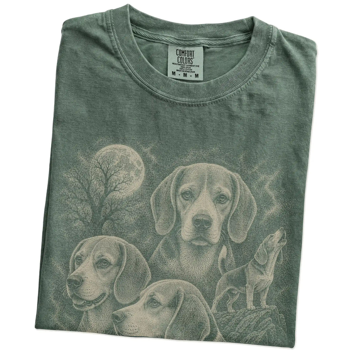 Folded Moss Comfort Colors® T-shirt showing a vintage moon montage featuring Beagle