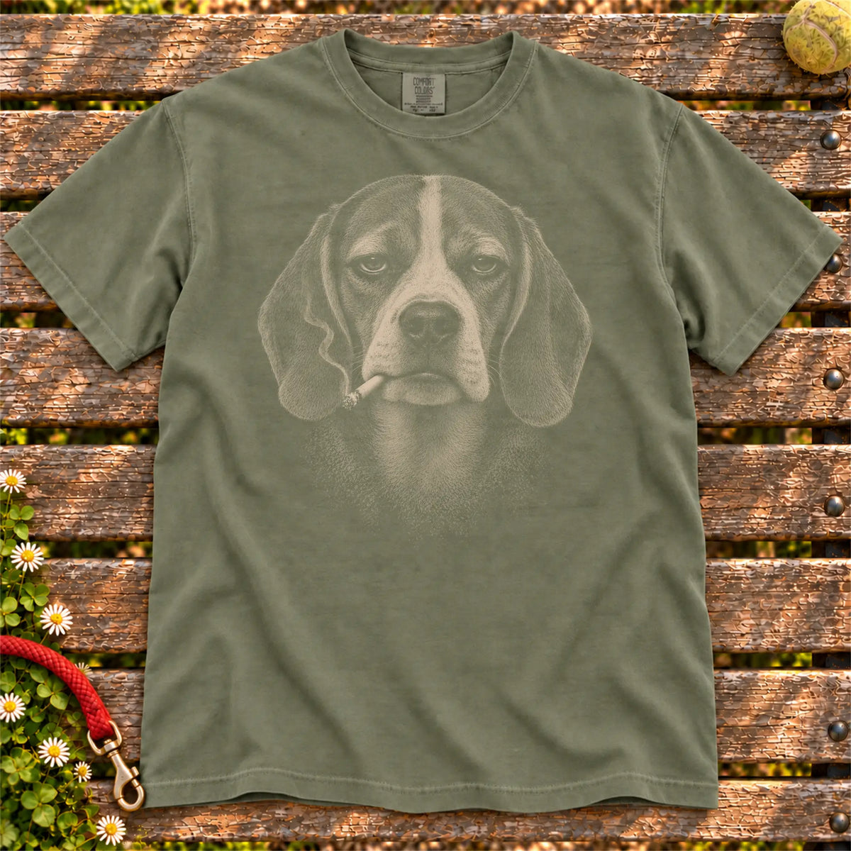 Beagle smoking design on a Moss t-shirt