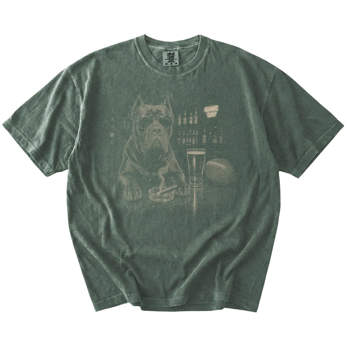 Cane Corso with beer and football graphics on a Moss Comfort Colors® T-shirt