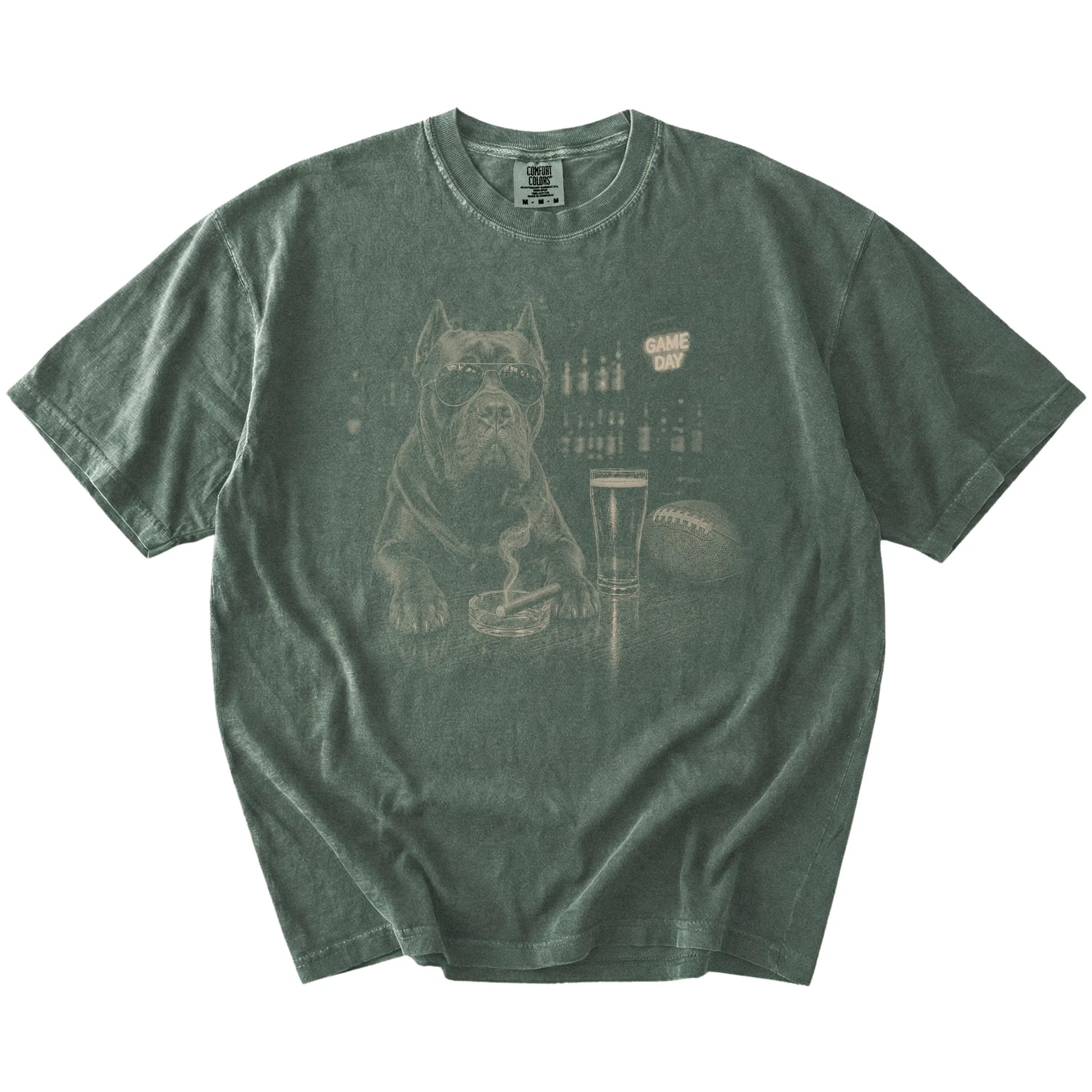 Cane Corso with beer and football graphics on a Moss Comfort Colors® T-shirt