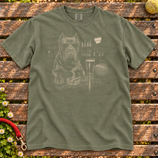 Beer and Football Cane Corso design on a Moss Comfort Colors T-shirt, shown flat