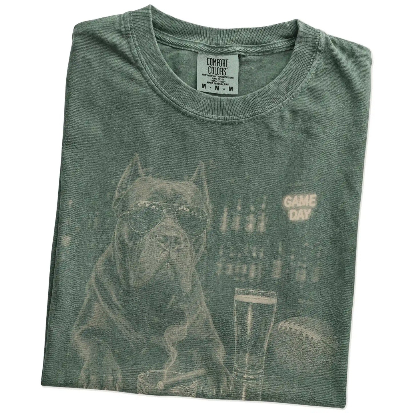 Folded Moss Comfort Colors® T-shirt showing Cane Corso with beer and football graphics