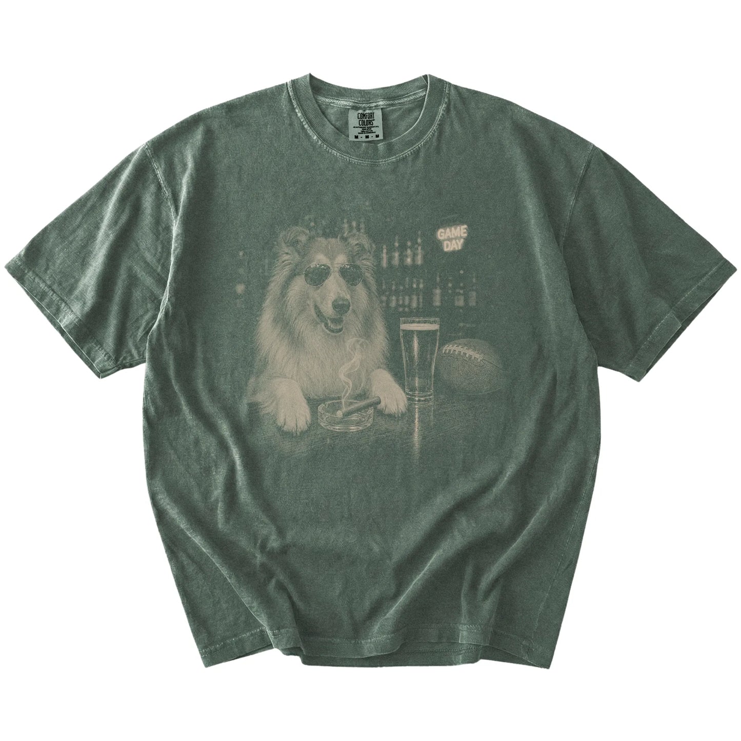 Collie with beer and football graphics on a Moss Comfort Colors® T-shirt