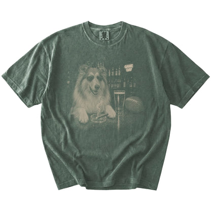Collie with beer and football graphics on a Moss Comfort Colors® T-shirt