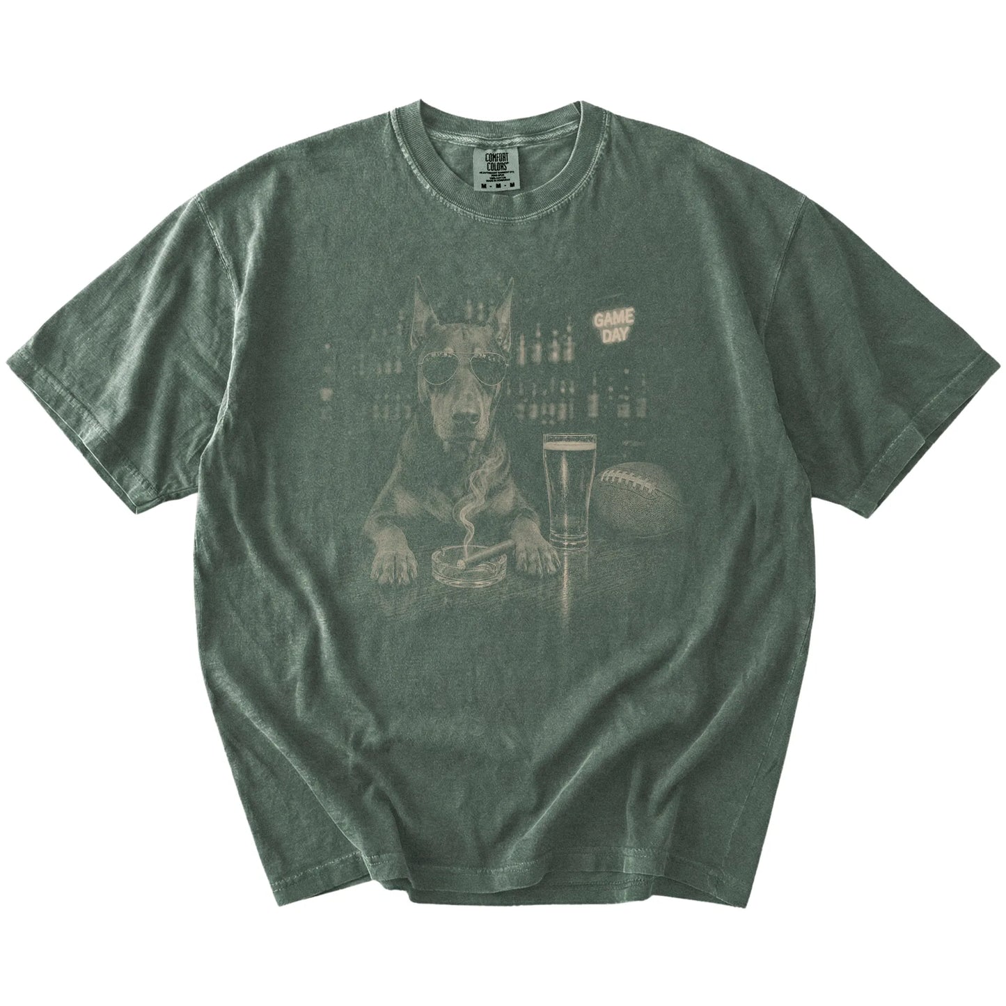 Doberman with beer and football graphics on a Moss Comfort Colors® T-shirt