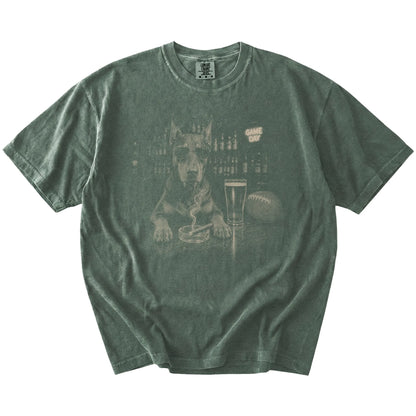 Doberman with beer and football graphics on a Moss Comfort Colors® T-shirt