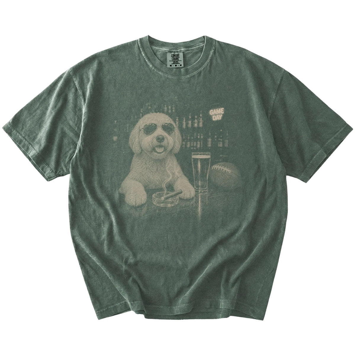 Goldendoodle with beer and football graphics on a Moss Comfort Colors® T-shirt