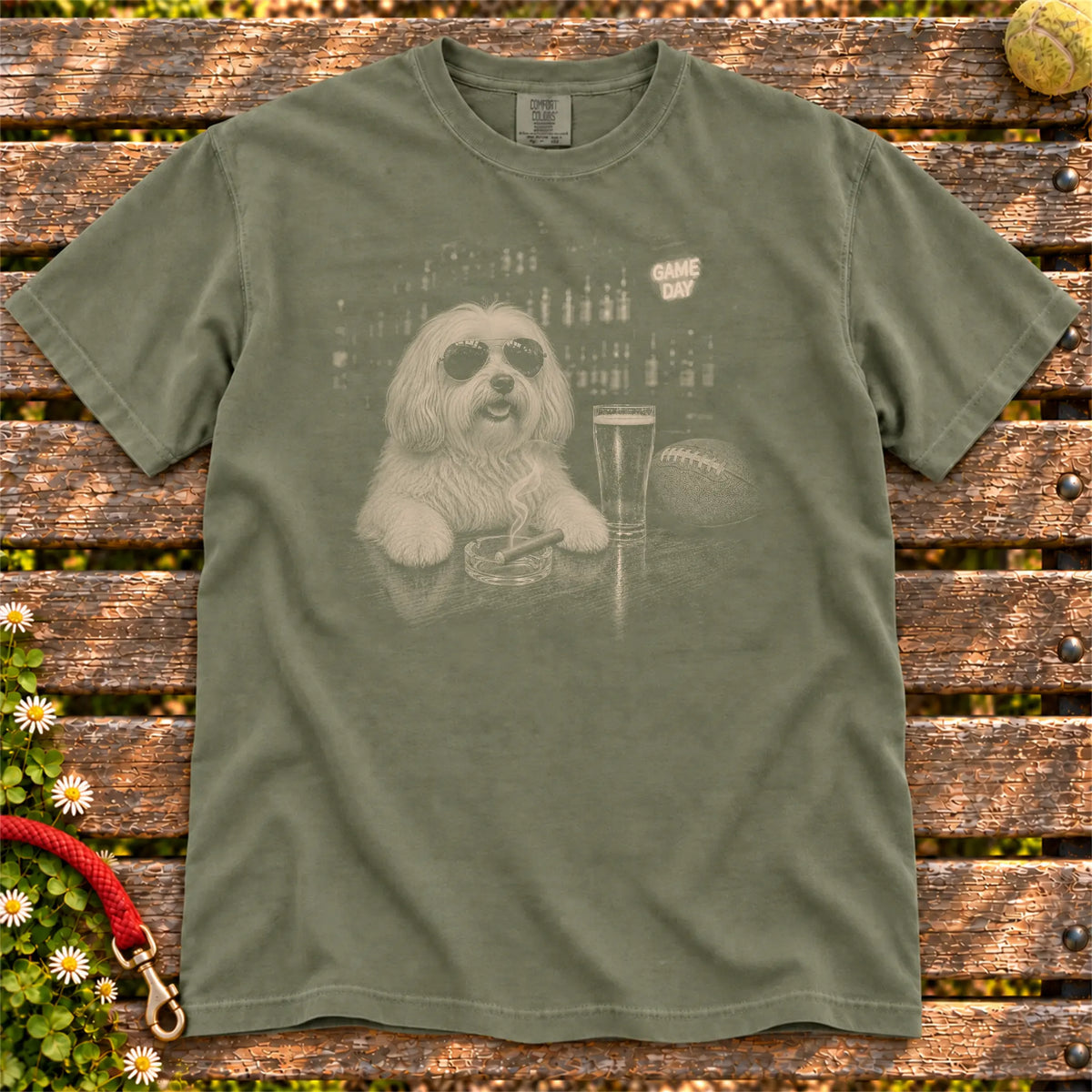 Beer and Football Havanese design on a Moss Comfort Colors T-shirt, shown flat