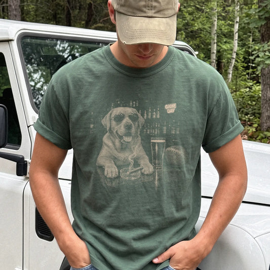 Model wearing a Moss Comfort Colors® T-shirt featuring Labrador Retriever with beer and football graphics
